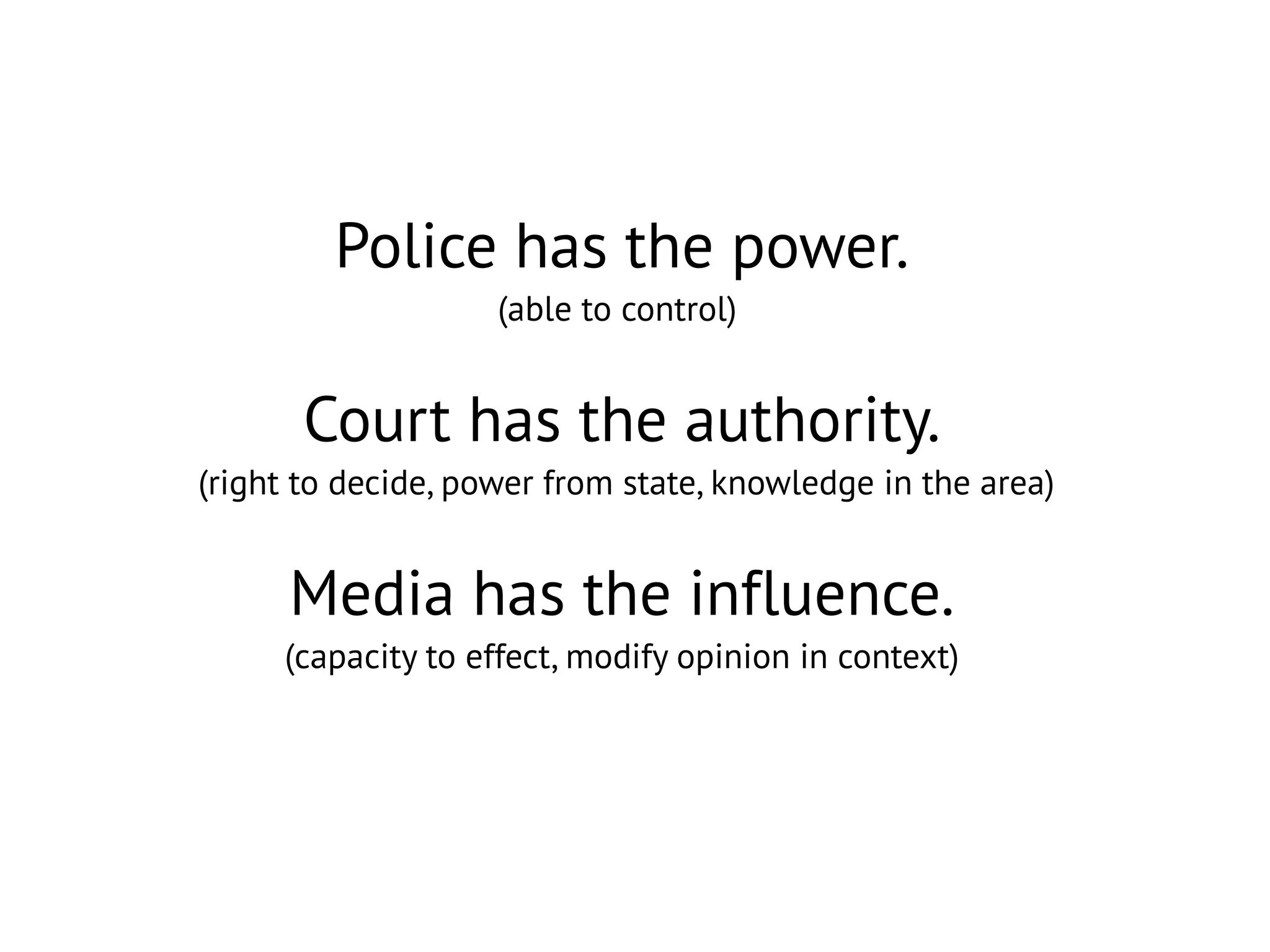 Police has the power.
(able to control)

Court has the authority.

(right to decide, power from state, knowledge in the area)

Media has the influence.

(capacity to effect, modify opinion in context)

 