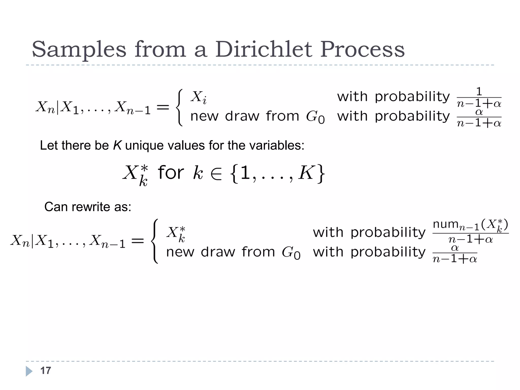 Samples from a Dirichlet Process



Let there be K unique values for the variables:



 Can rewrite as:




17
 