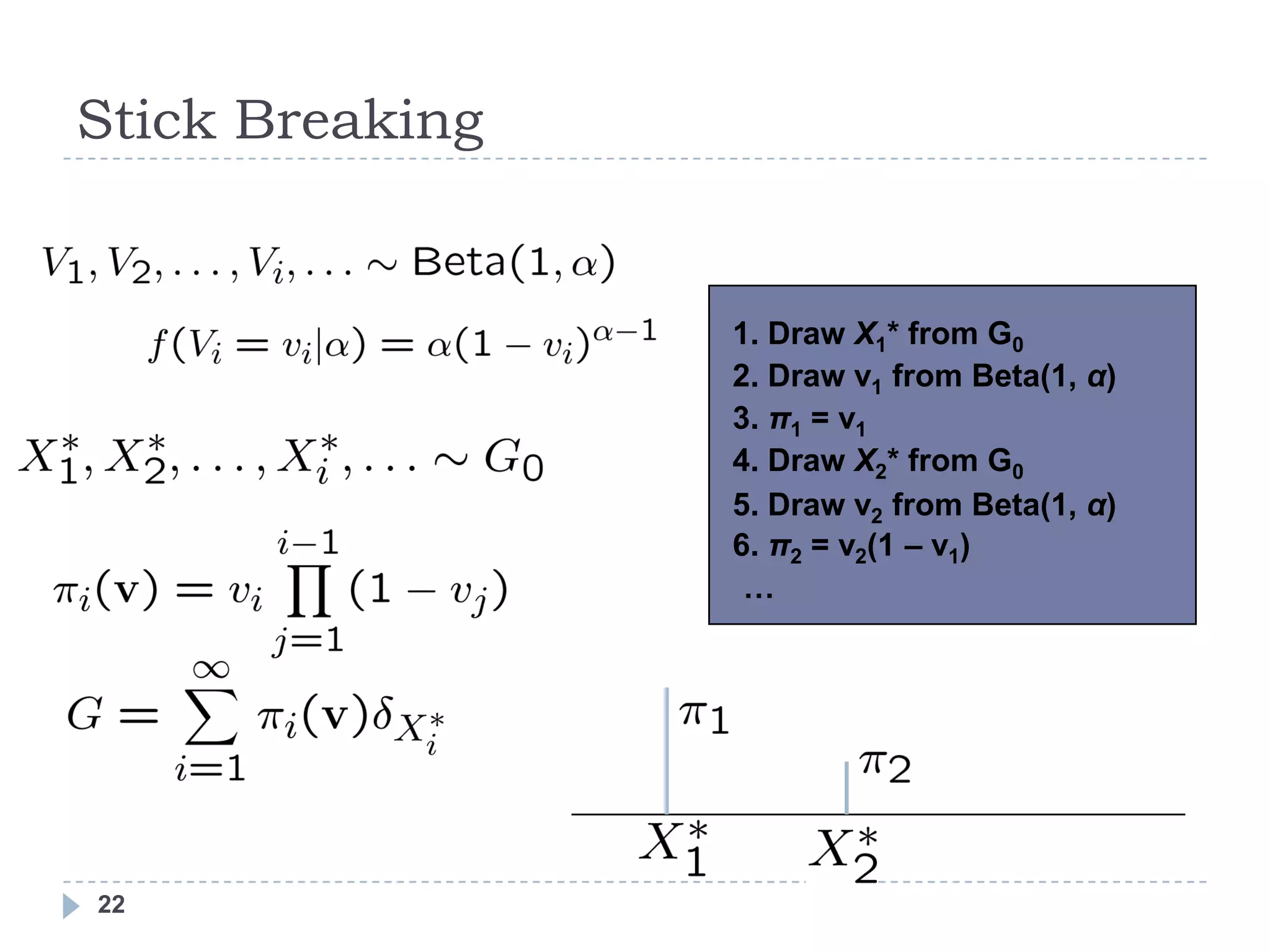 Stick Breaking


                 1. Draw X1* from G0
                 2. Draw v1 from Beta(1, α)
                 3. π1 = v1
                 4. Draw X2* from G0
                 5. Draw v2 from Beta(1, α)
                 6. π2 = v2(1 – v1)
                  …




22
 