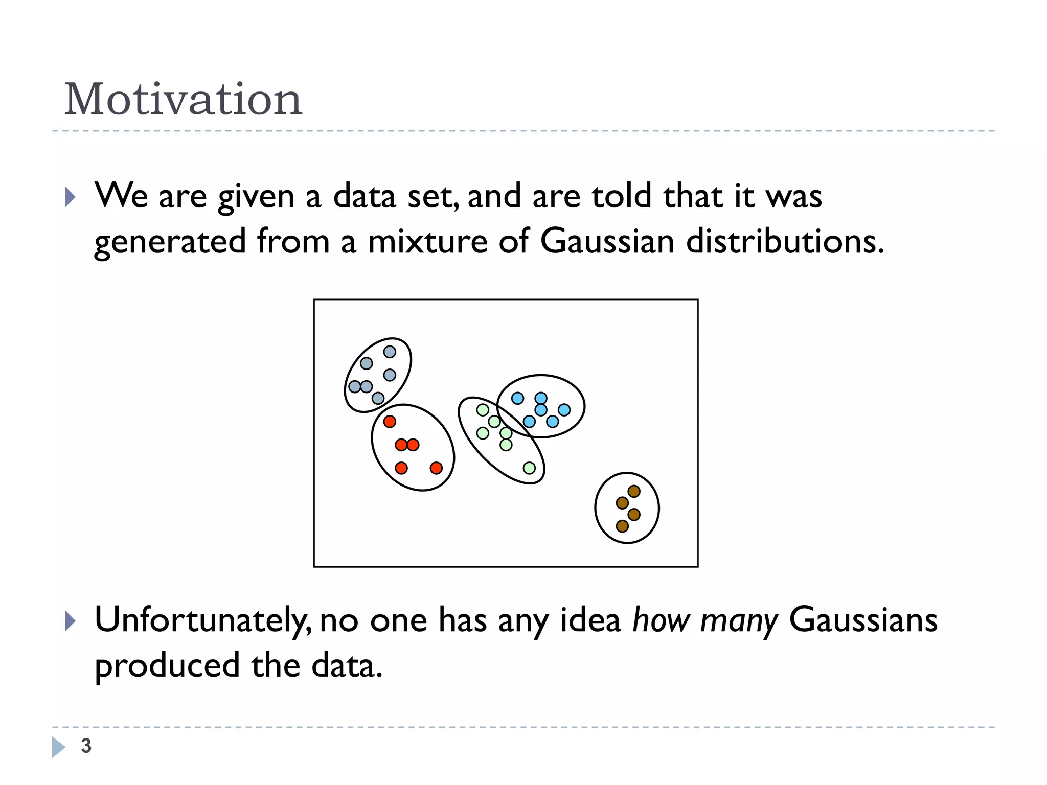 Motivation
       We are given a data set, and are told that it was
        generated from a mixture of Gaussian distributions.




       Unfortunately, no one has any idea how many Gaussians
        produced the data.

    3
 