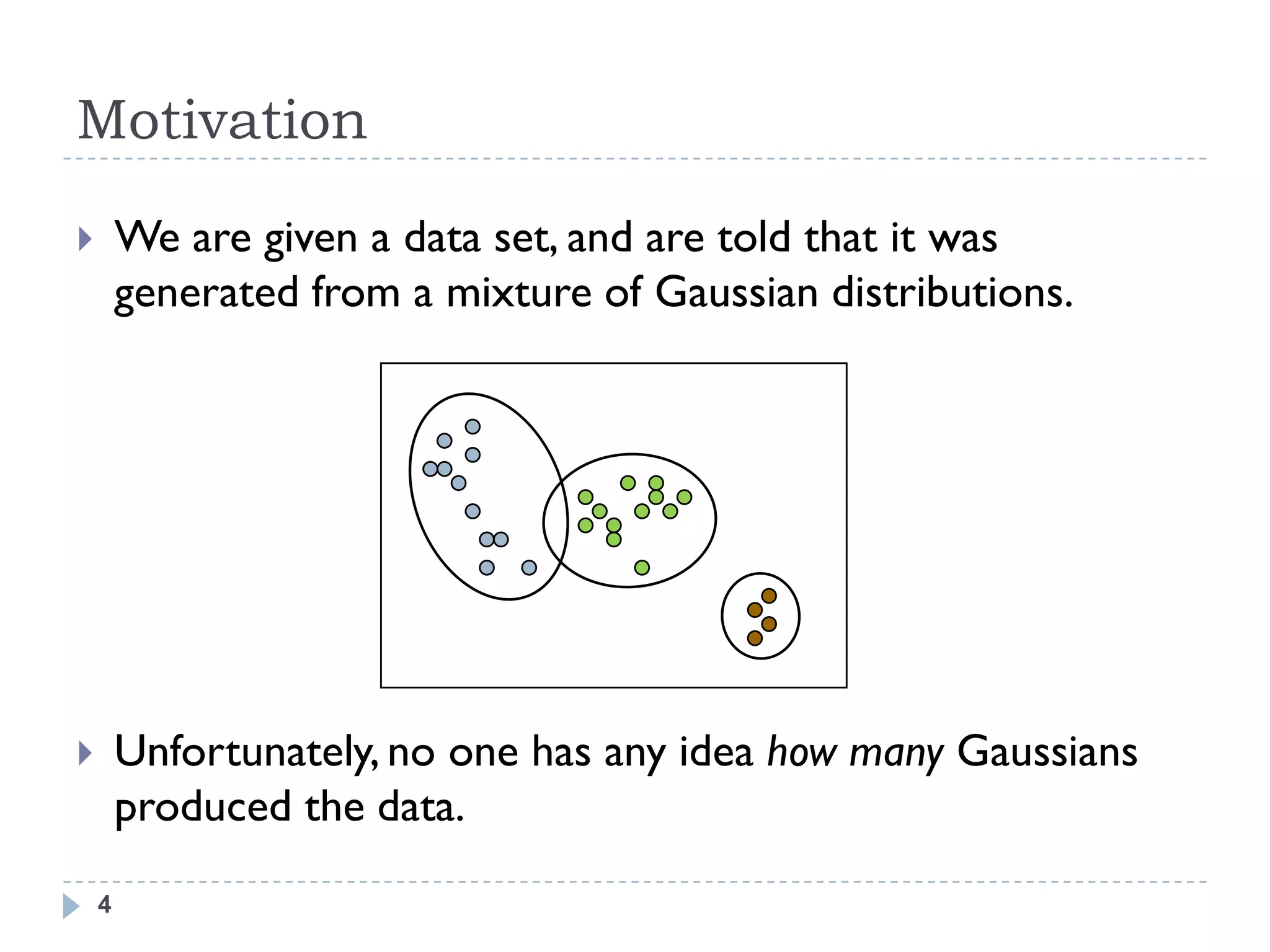 Motivation
       We are given a data set, and are told that it was
        generated from a mixture of Gaussian distributions.




       Unfortunately, no one has any idea how many Gaussians
        produced the data.

    4
 