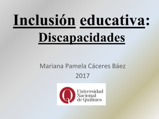 Inclusión educativa:
Discapacidades
Mariana Pamela Cáceres Báez
2017
 