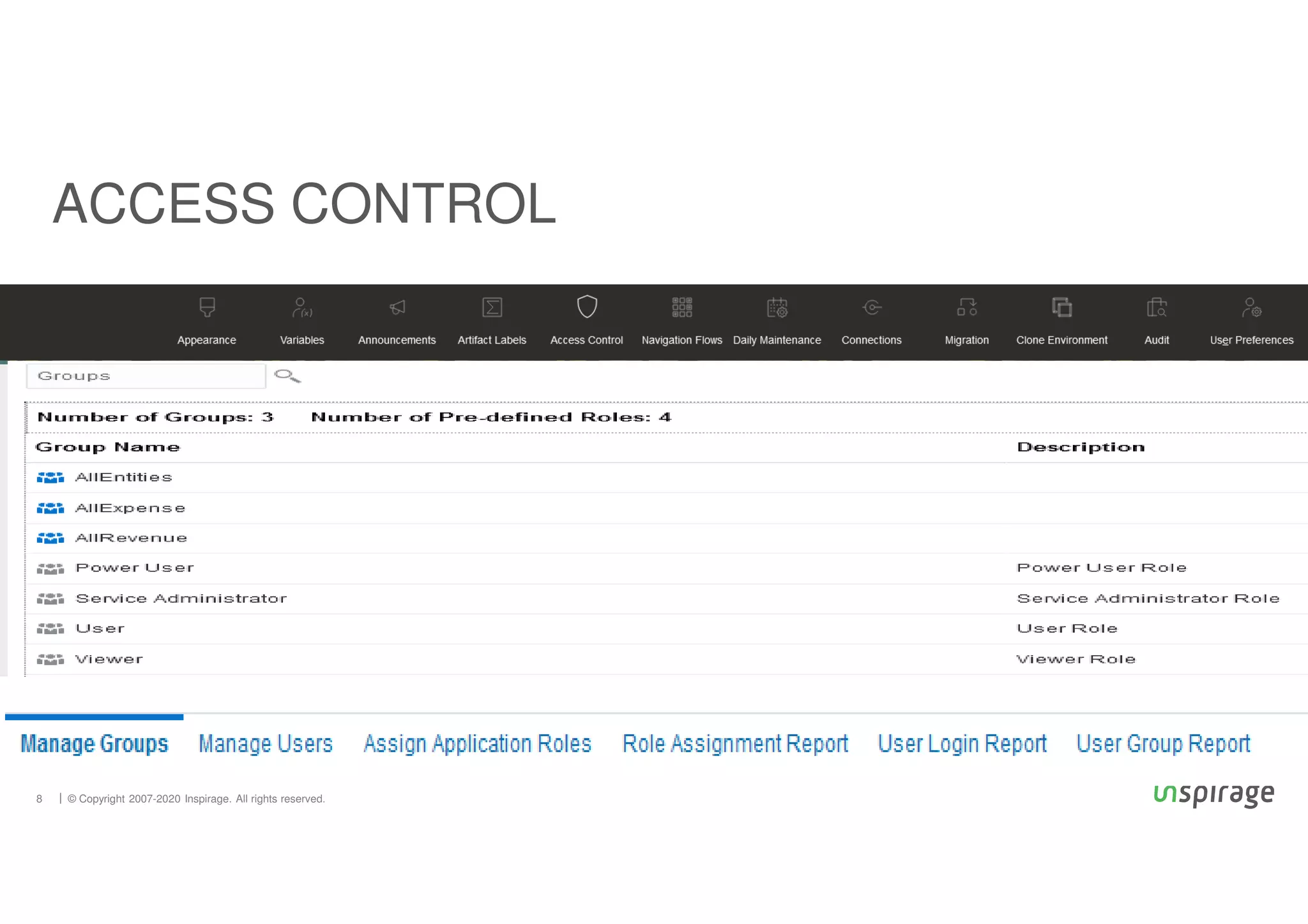 © Copyright 2007-2020 Inspirage. All rights reserved.
8
ACCESS CONTROL
 