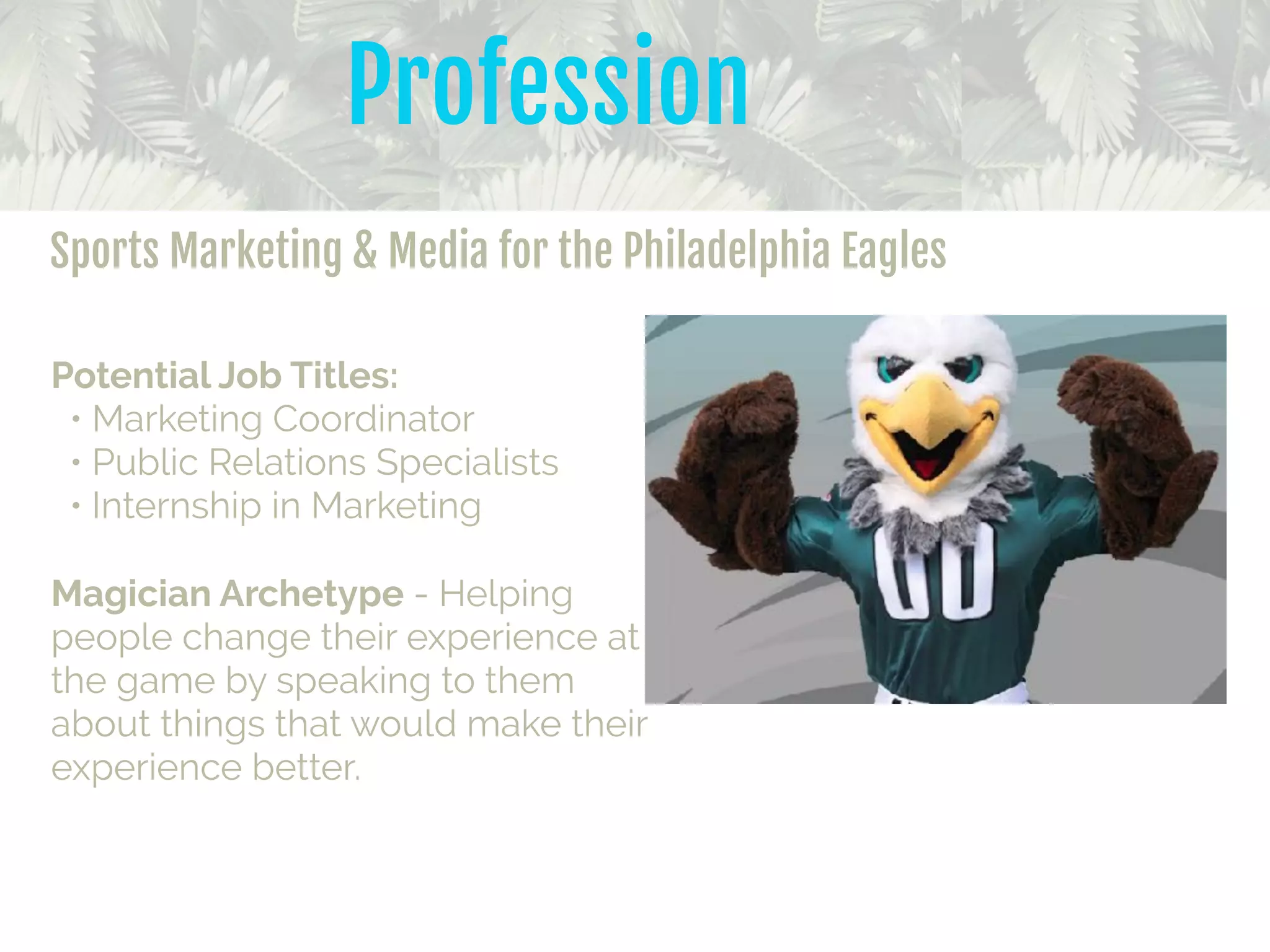 Sports Marketing & Media for the Philadelphia Eagles
Potential Job Titles:
• Marketing Coordinator
• Public Relations Specialists
• Internship in Marketing
Magician Archetype - Helping
people change their experience at
the game by speaking to them
about things that would make their
experience better.
Profession
 