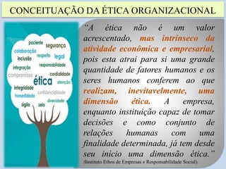 CONCEITUAÇÃO DA ÉTICA ORGANIZACIONAL
6
“A ética não é um valor
acrescentado, mas intrínseco da
atividade econômica e empresarial,
pois esta atrai para si uma grande
quantidade de fatores humanos e os
seres humanos conferem ao que
realizam, inevitavelmente, uma
dimensão ética. A empresa,
enquanto instituição capaz de tomar
decisões e como conjunto de
relações humanas com uma
finalidade determinada, já tem desde
seu início uma dimensão ética.”
(Instituto Ethos de Empresas e Responsabilidade Social).
 