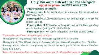Lưu ý: Đối với thí sinh xét tuyển vào các ngành
ngoài sư phạm của DPY năm 2025
* Phương thức xét tuyển:
- Phương thức 1: X...