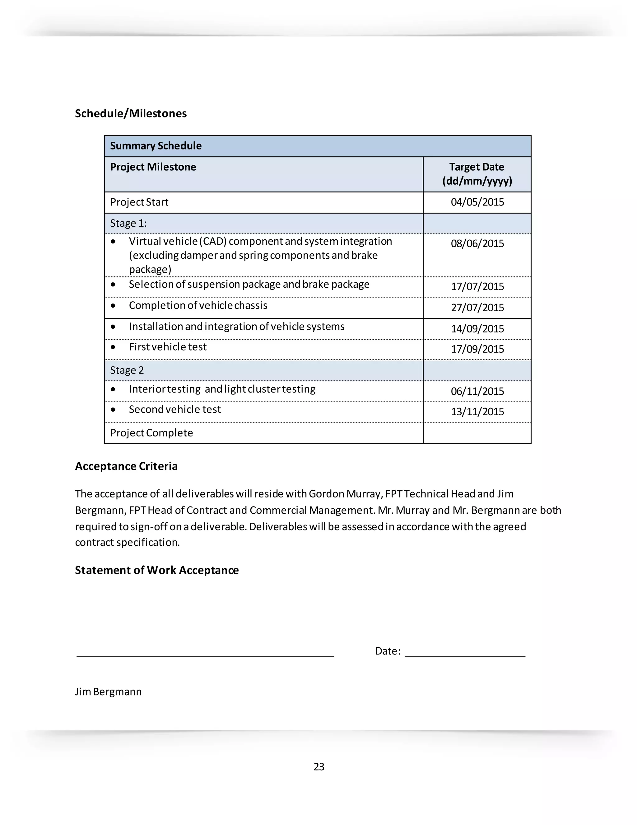 23
Schedule/Milestones
Summary Schedule
Project Milestone Target Date
(dd/mm/yyyy)
ProjectStart 04/05/2015
Stage 1:
 Virtual vehicle(CAD) componentandsystemintegration
(excludingdamperandspringcomponentsandbrake
package)
08/06/2015
 Selectionof suspension package andbrake package 17/07/2015
 Completionof vehiclechassis 27/07/2015
 Installationandintegrationof vehicle systems 14/09/2015
 Firstvehicle test 17/09/2015
Stage 2
 Interiortesting andlightclustertesting 06/11/2015
 Secondvehicle test 13/11/2015
ProjectComplete
Acceptance Criteria
The acceptance of all deliverableswill reside withGordonMurray,FPTTechnical Headand Jim
Bergmann,FPTHead of Contract and Commercial Management.Mr.Murray and Mr. Bergmannare both
required tosign-off onadeliverable.Deliverableswill be assessedinaccordance withthe agreed
contract specification.
Statement of Work Acceptance
_______________________________________________ Date: ______________________
JimBergmann
 