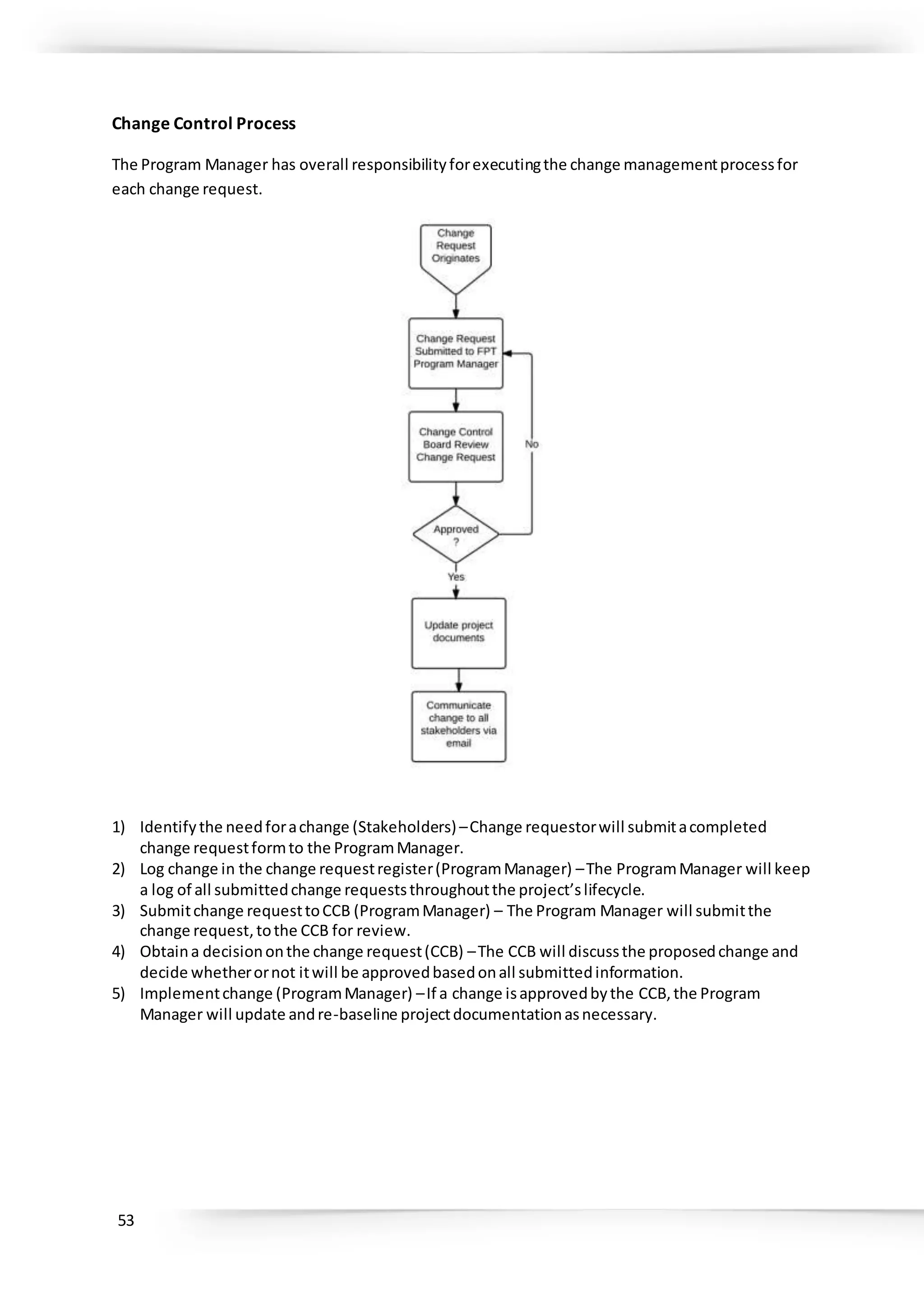 53
Change Control Process
The Program Manager has overall responsibilityforexecutingthe change managementprocessfor
each change request.
1) Identifythe needforachange (Stakeholders) –Change requestorwill submitacompleted
change requestformto the ProgramManager.
2) Log change in the change requestregister(ProgramManager) –The ProgramManager will keep
a log of all submittedchange requeststhroughoutthe project’slifecycle.
3) Submitchange requesttoCCB (ProgramManager) – The Program Manager will submitthe
change request,tothe CCB for review.
4) Obtaina decisiononthe change request(CCB) –The CCB will discussthe proposedchange and
decide whetherornot itwill be approvedbasedonall submittedinformation.
5) Implementchange (ProgramManager) –If a change isapprovedbythe CCB,the Program
Manager will update andre-baseline projectdocumentationasnecessary.
 