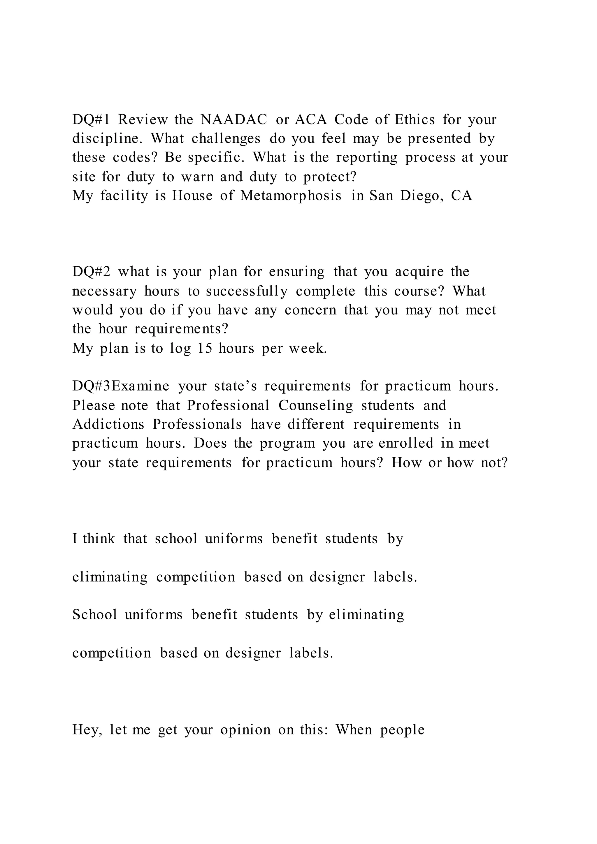 DQ#1 Review the NAADAC or ACA Code of Ethics for your discipline. | DOCX