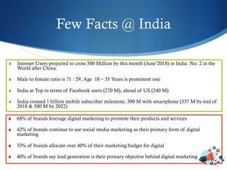 Few Facts @ India
S  Internet Users projected to cross 500 Million by this month (June’2018) in India. No. 2 in the
World after China.
S  Male to female ratio is 71 : 29, Age 18 – 35 Years is prominent one
S  India at Top in terms of Facebook users (270 M), ahead of US (240 M)
S  India crossed 1 billion mobile subscriber milestone, 300 M with smartphone (337 M by end of
2018 & 500 M by 2022)
S  68% of brands leverage digital marketing to promote their products and services
S  42% of brands continue to use social media marketing as their primary form of digital
marketing
S  33% of brands allocate over 40% of their marketing budget for digital
S  40% of brands say lead generation is their primary objective behind digital marketing
 