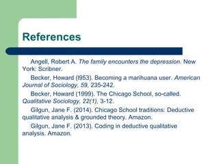 References 
Angell, Robert A. The family encounters the depression. New 
York: Scribner. 
Becker, Howard (l953). Becoming a marihuana user. American 
Journal of Sociology, 59, 235-242. 
Becker, Howard (1999). The Chicago School, so-called. 
Qualitative Sociology, 22(1), 3-12. 
Gilgun, Jane F. (2014). Chicago School traditions: Deductive 
qualitative analysis & grounded theory. Amazon. 
Gilgun, Jane F. (2013). Coding in deductive qualitative 
analysis. Amazon. 
 