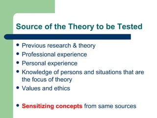 Source of the Theory to be Tested 
 Previous research & theory 
 Professional experience 
 Personal experience 
 Knowledge of persons and situations that are 
the focus of theory 
 Values and ethics 
 Sensitizing concepts from same sources 
 
