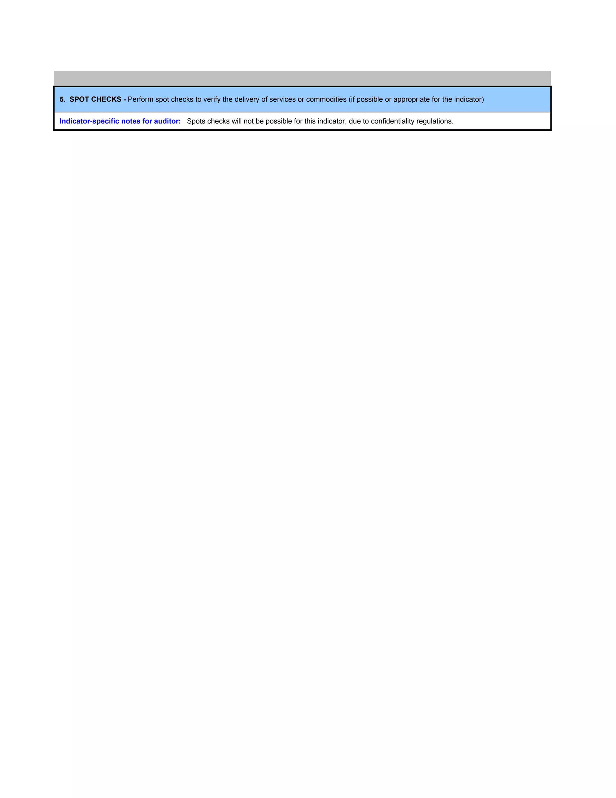 5. SPOT CHECKS - Perform spot checks to verify the delivery of services or commodities (if possible or appropriate for the indicator)


Indicator-specific notes for auditor: Spots checks will not be possible for this indicator, due to confidentiality regulations.
 