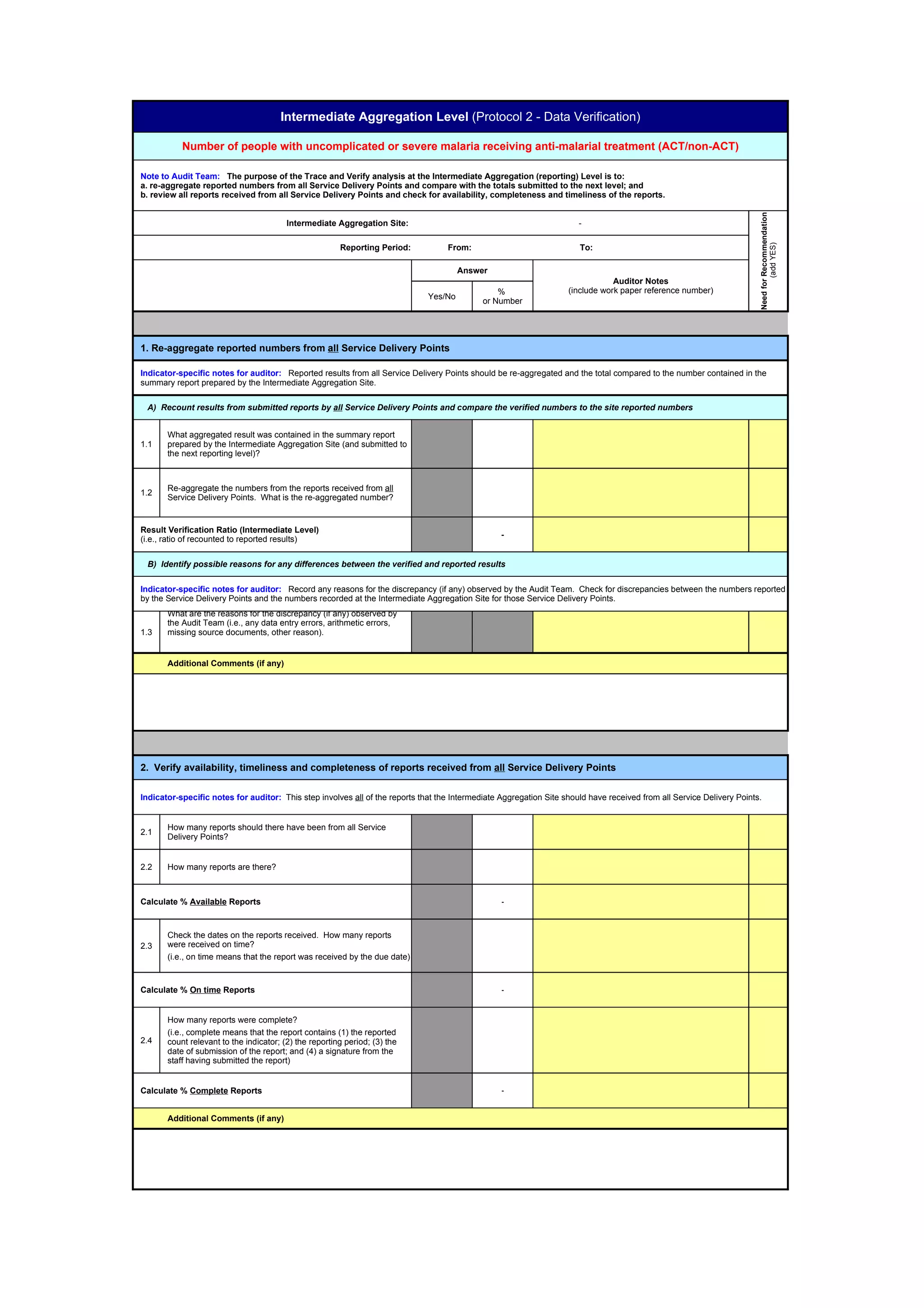 Intermediate Aggregation Level (Protocol 2 - Data Verification)

           Number of people with uncomplicated or severe malaria receiving anti-malarial treatment (ACT/non-ACT)

Note to Audit Team: The purpose of the Trace and Verify analysis at the Intermediate Aggregation (reporting) Level is to:
a. re-aggregate reported numbers from all Service Delivery Points and compare with the totals submitted to the next level; and
b. review all reports received from all Service Delivery Points and check for availability, completeness and timeliness of the reports.




                                                                                                                                                                        Need for Recommendation
                                         Intermediate Aggregation Site:                                                -




                                                                                                                                                                                (add YES)
                                                        Reporting Period:          From:                               To:

                                                                                       Answer
                                                                                                                                Auditor Notes
                                                                                                 %                  (include work paper reference number)
                                                                              Yes/No
                                                                                             or Number




1. Re-aggregate reported numbers from all Service Delivery Points

Indicator-specific notes for auditor: Reported results from all Service Delivery Points should be re-aggregated and the total compared to the number contained in the
summary report prepared by the Intermediate Aggregation Site.

 A) Recount results from submitted reports by all Service Delivery Points and compare the verified numbers to the site reported numbers


       What aggregated result was contained in the summary report
1.1    prepared by the Intermediate Aggregation Site (and submitted to
       the next reporting level)?



       Re-aggregate the numbers from the reports received from all
1.2
       Service Delivery Points. What is the re-aggregated number?


Result Verification Ratio (Intermediate Level)
                                                                                                  -
(i.e., ratio of recounted to reported results)

 B) Identify possible reasons for any differences between the verified and reported results

Indicator-specific notes for auditor: Record any reasons for the discrepancy (if any) observed by the Audit Team. Check for discrepancies between the numbers reported
by the Service Delivery Points and the numbers recorded at the Intermediate Aggregation Site for those Service Delivery Points.
       What are the reasons for the discrepancy (if any) observed by
       the Audit Team (i.e., any data entry errors, arithmetic errors,
1.3    missing source documents, other reason).


       Additional Comments (if any)




2. Verify availability, timeliness and completeness of reports received from all Service Delivery Points

Indicator-specific notes for auditor: This step involves all of the reports that the Intermediate Aggregation Site should have received from all Service Delivery Points.


       How many reports should there have been from all Service
2.1
       Delivery Points?


2.2    How many reports are there?



Calculate % Available Reports                                                                     -



       Check the dates on the reports received. How many reports
2.3    were received on time?
       (i.e., on time means that the report was received by the due date)


Calculate % On time Reports                                                                       -



       How many reports were complete?
       (i.e., complete means that the report contains (1) the reported
2.4    count relevant to the indicator; (2) the reporting period; (3) the
       date of submission of the report; and (4) a signature from the
       staff having submitted the report)


Calculate % Complete Reports                                                                      -



       Additional Comments (if any)
 