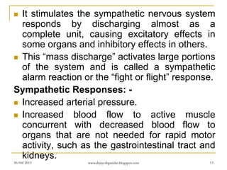  It stimulates the sympathetic nervous system
responds by discharging almost as a
complete unit, causing excitatory effects in
some organs and inhibitory effects in others.
 This “mass discharge” activates large portions
of the system and is called a sympathetic
alarm reaction or the “fight or flight” response.
Sympathetic Responses: -
 Increased arterial pressure.
 Increased blood flow to active muscle
concurrent with decreased blood flow to
organs that are not needed for rapid motor
activity, such as the gastrointestinal tract and
kidneys.
30/04/2015 www.drjayeshpatidar.blogspot.com 13
 