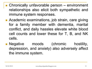  Chronically unfavorable person – environment
relationships also elicit both sympathetic and
immune system responses.
 Academic examinations, job strain, care giving
for a family member with dementia, marital
conflict, and daily hassles elevate white blood
cell counts and lower these for T, B, and NK
cells.
 Negative moods (chromic hostility,
depression, and anxiety) also adversely affect
the immune system.
30/04/2015 www.drjayeshpatidar.blogspot.com 15
 