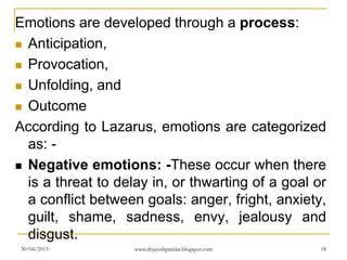 Emotions are developed through a process:
 Anticipation,
 Provocation,
 Unfolding, and
 Outcome
According to Lazarus, emotions are categorized
as: -
 Negative emotions: -These occur when there
is a threat to delay in, or thwarting of a goal or
a conflict between goals: anger, fright, anxiety,
guilt, shame, sadness, envy, jealousy and
disgust.
30/04/2015 www.drjayeshpatidar.blogspot.com 18
 