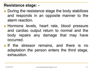Resistance stage: -
 During the resistance stage the body stabilizes
and responds in an opposite manner to the
alarm reaction.
 Hormone levels, heart rate, blood pressure
and cardiac output return to normal and the
body repairs any damage that may have
occurred.
 If the stressor remains, and there is no
adaptation the person enters the third stage,
exhaustion.
30/04/2015 www.drjayeshpatidar.blogspot.com 24
 