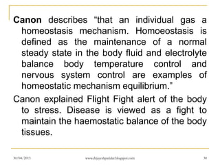 Canon describes “that an individual gas a
homeostasis mechanism. Homoeostasis is
defined as the maintenance of a normal
steady state in the body fluid and electrolyte
balance body temperature control and
nervous system control are examples of
homeostatic mechanism equilibrium.”
Canon explained Flight Fight alert of the body
to stress. Disease is viewed as a fight to
maintain the haemostatic balance of the body
tissues.
30/04/2015 www.drjayeshpatidar.blogspot.com 30
 