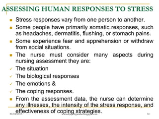 ASSESSING HUMAN RESPONSES TO STRESS
 Stress responses vary from one person to another.
 Some people have primarily somatic responses, such
as headaches, dermatitis, flushing, or stomach pains.
 Some experience fear and apprehension or withdraw
from social situations.
 The nurse must consider many aspects during
nursing assessment they are:
 The situation
 The biological responses
 The emotions &
 The coping responses.
 From the assessment data, the nurse can determine
any illnesses, the intensity of the stress response, and
effectiveness of coping strategies.30/04/2015 www.drjayeshpatidar.blogspot.com 34
 