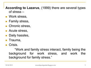 According to Lazarus, (1999) there are several types
of stress –
 Work stress,
 Family stress,
 Chronic stress,
 Acute stress,
 Daily hassles,
 Trauma,
 Crisis.
“Work and family stress interact, family being the
background for work stress, and work the
background for family stress.”
30/04/2015 www.drjayeshpatidar.blogspot.com 9
 
