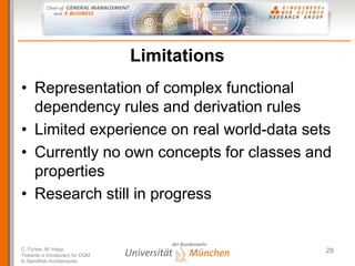 Limitations
• Representation of complex functional
  dependency rules and derivation rules
• Limited experience on real wo...