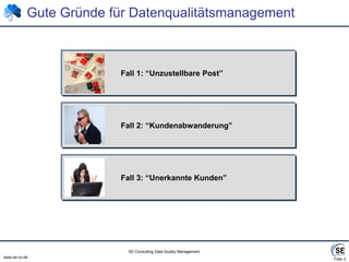 Folie 3	         Fall 1: “Unzustellbare Post”Gute Gründe für Datenqualitätsmanagement	         Fall 2: “Kundenabwanderung”	         Fall 3: “Unerkannte Kunden”