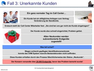 Folie 6Fall 3: Unerkannte KundenEin ganz normaler Tag im Call Center…Ein Kunde hat ein alltägliches Anliegen zum Vertrag:Veränderung der Bandbreite.Erstaunt stellt der Call Center Mitarbeiter fest: „Sie sind bei uns gar nicht als Kunde eingetragen!“Der Kunde wurde also schnell eingerichtet, Problem gelöst.Allen Neukunden werden subventionierte Endgeräte zugestellt!Was lief schief?Wegen schlecht gepflegter Identifikationsmerkmalekonnte das CRM System manche Bestandskunden nicht auffinden.Diese Kunden erhielten durch den Prozess fälschlicherweise den Status „Neukunde“.Der Konzern versandte über 20.000 Endgeräte, bevor das Problem bemerkt wurde!