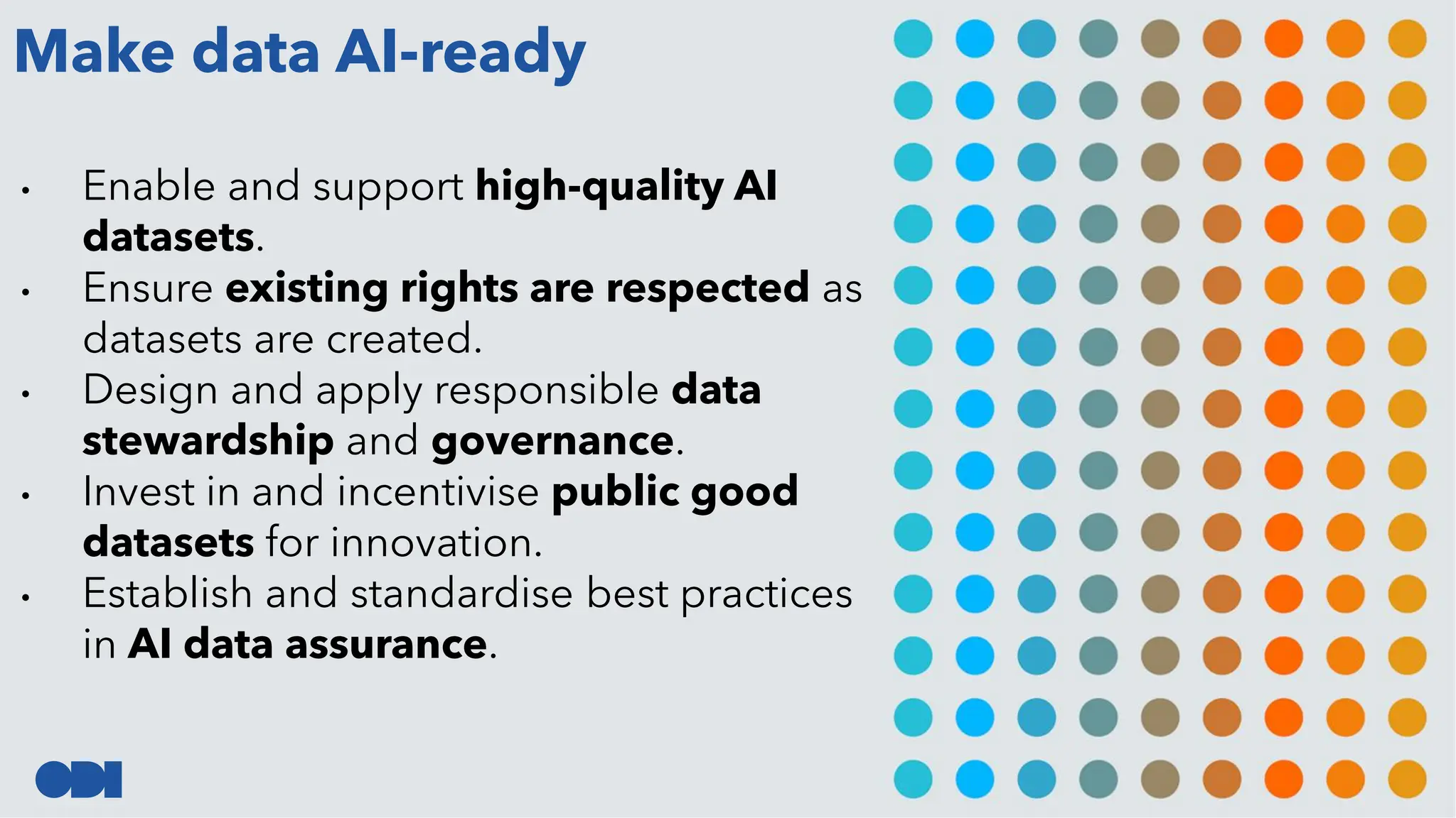 Make data AI-ready
• Enable and support high-quality AI
datasets.
• Ensure existing rights are respected as
datasets are created.
• Design and apply responsible data
stewardship and governance.
• Invest in and incentivise public good
datasets for innovation.
• Establish and standardise best practices
in AI data assurance.
 