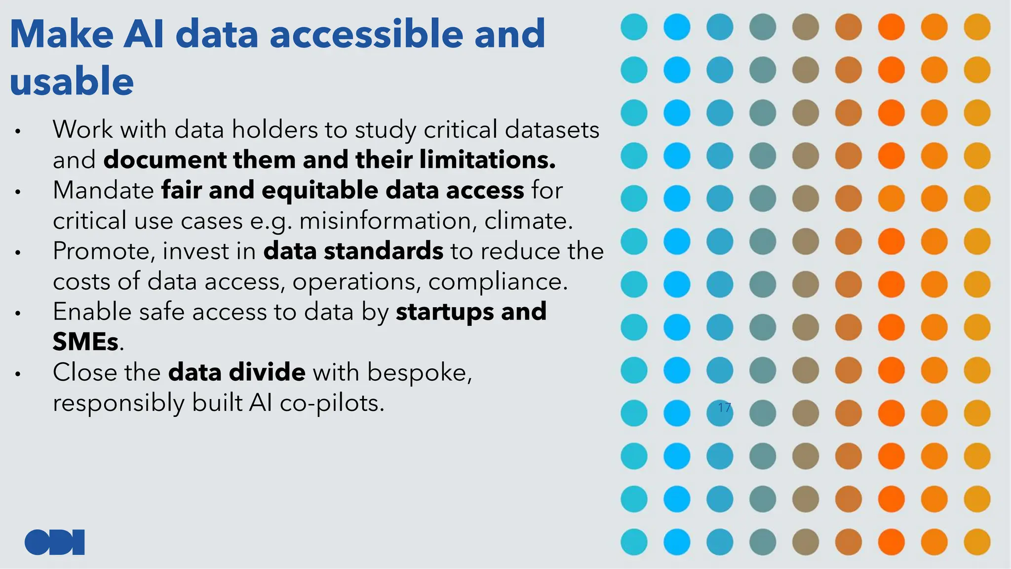 17
Make AI data accessible and
usable
• Work with data holders to study critical datasets
and document them and their limitations.
• Mandate fair and equitable data access for
critical use cases e.g. misinformation, climate.
• Promote, invest in data standards to reduce the
costs of data access, operations, compliance.
• Enable safe access to data by startups and
SMEs.
• Close the data divide with bespoke,
responsibly built AI co-pilots.
 