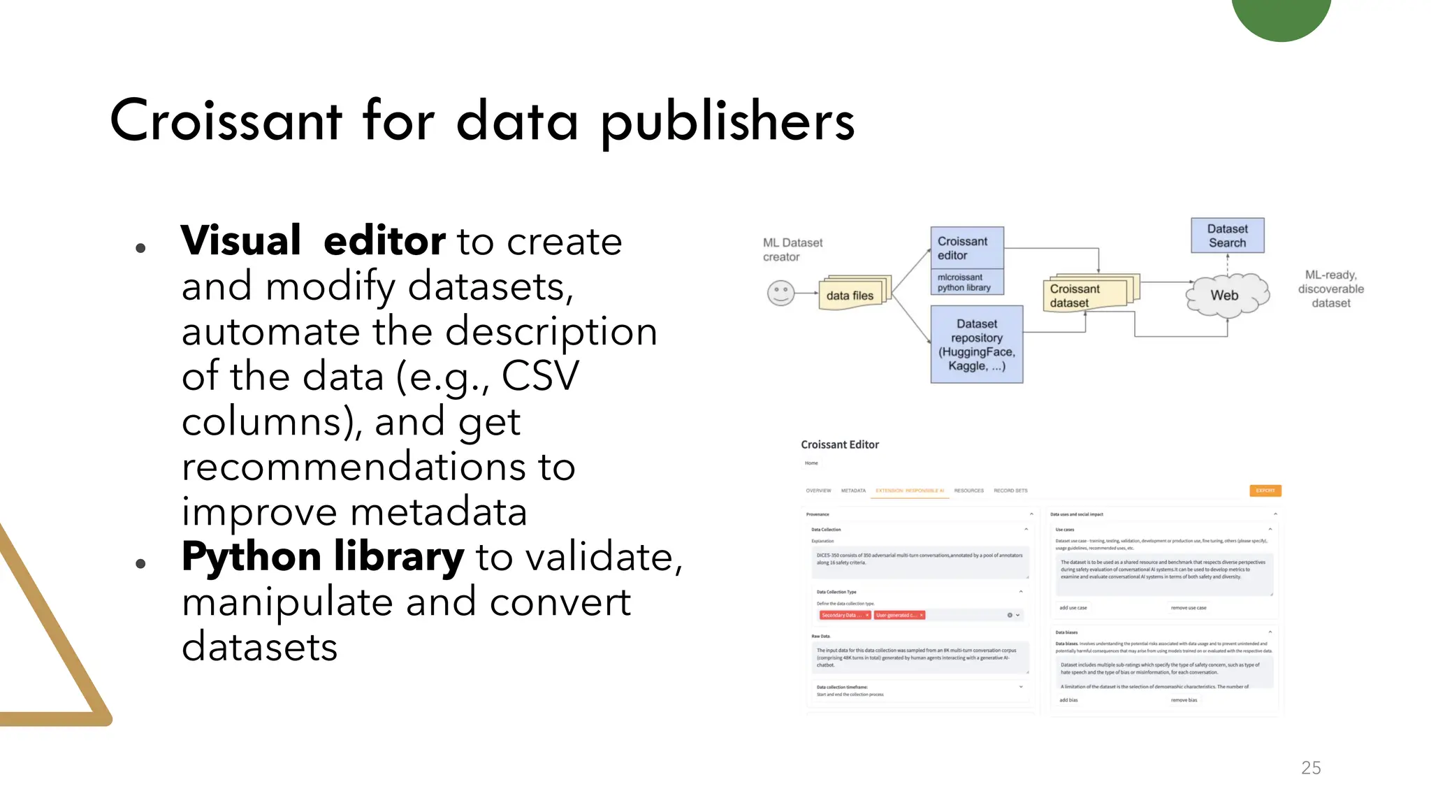 Croissant for data publishers
● Visual editor to create
and modify datasets,
automate the description
of the data (e.g., CSV
columns), and get
recommendations to
improve metadata
● Python library to validate,
manipulate and convert
datasets
25
 