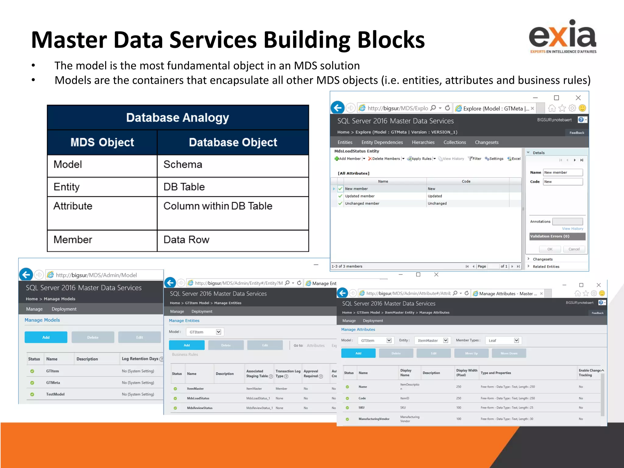 Master Data Services Building Blocks
• The model is the most fundamental object in an MDS solution
• Models are the containers that encapsulate all other MDS objects (i.e. entities, attributes and business rules)
 
