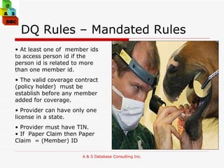 DQ Rules – Mandated Rules At least one of  member ids to access person id if the person id is related to more than one member id. The valid coverage contract (policy holder)  must be establish before any member added for coverage. Provider can have only one  license in a state. Provider must have TIN. If  Paper Claim then Paper Claim  = (Member) ID 