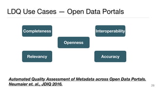 LDQ Use Cases — Open Data Portals
26
Automated Quality Assessment of Metadata across Open Data Portals.
Neumaier et. al., JDIQ 2016.
Completeness Interoperability
Relevancy Accuracy
Openness
 