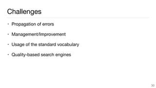 Challenges
• Propagation of errors

• Management/Improvement

• Usage of the standard vocabulary

• Quality-based search engines
30
 