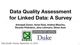 Data Quality Assessment
for Linked Data: A Survey
Amrapali Zaveri, Anisa Rula, Andrea Maurino,
Ricardo Pietrobon, Jens Lehmann, Sören Auer
1Data Quality Tutorial, September 12, 2016
 