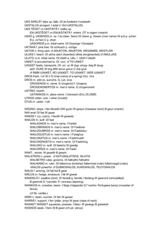 UKS SWELÂT slips up, falls. OI do·fuisledor I tuisleadh
UKSTALUS arrogant. I sotal (< SU+UKSTALUS)
UKS TÊGET vn UKSTIKTÂ f. walks up.
EN UKSTÊGET vn ENUKSTIKTÂ f. enters. OT in.otgam inotacht
UKSÛ g. UKSENOS m. ox. I os (deer, fawn) OI Uissin g. Uissen (river name) W ych p. ychen
B p. oc’hen C p. ohan
UKSORÎGIÎ p.m. tribal name. OI Ossairge I Osraighe
UKTÂKÂ f. pine tree. OI ochtcach p. ochtga
UKTON n. thing said. cf ADUKTON, ANUKTON, WEQSMÄN, WEQTLON
ULUKS f. beard. OI ulcha ulach (bearded) ulfota (longbearded) cf AMULUKS
ULUTO- p.m. tribal name. OI Ulaith a. Ultu. r. Uloth I Ulaidh
UNKET is accustomed to. OI ·ucci cf TO UNKET
U(N)KET leads, transports. OI ·uic ·uc W dyg- amyg- dwg B doug-
perf. OUKE W dug MW amuc goruc C duk gruk
cf ÄMBI U(N)KET, RO U(N)KET, TO U(N)KET, WER U(N)KET
ÛROS fresh. I úr W ir G Urae (name of a spring) Occ. Ura
ÛROS m. wild ox, aurochs. G, Lat. úrus
ÛROGENOS m. name. G Urogeni(i) f. Urogena
ÛROGENONERTOS m. man’s name. G Urogenonerti
USTINO- hearth.
USTINÂKOS m. place name. I Uisneach (Eriu 25.256ff)
UTROS rotten, sick. I othar (invalid)
ÛTUS m. udder. I úth
WÂGNO- slope. I fán fánaidh OW guoin W gwaun (meadow moor) B geun (marsh)
WAI woe! OI fae W gwae
WAIDIS f. cry, outcry. I faoidh W gwaedd
WAILOS m. wolf. OI fael
WAILAGNOS m. man’s name. I Faolán
WAILOBRANOS m. man’s name. OI Faelbran
WAILODUBROS m. man’s name. OI Faeldobur
WAILOGUSTUS m. man’s name. I Faolghus
WAILOKATUS m. man’s name. I Faolchcadh
WAILOKENGETS m. man’s name. OI Faelching
WAILOKÛ m. wolf. OI faelchú W gweilgi
WAILORÎGS m. man’s name. OI Faelri
WAKT.. worse. W gwaeth B gwazh
WALATRON n. power. cf KATUWALATROS, WLATIS
WALNETRO rules, governs. OI fallnathir follnathir
WALNIAMÛ m. ruler. OI follamnus (lordship) follamnaid (ruler) follamnaigid (rules)
-WALOS powerful. cf DUBNOWALOS, KUNOWALOS, TEUTOWALOS
WALIS f. armring. OI fail foil B gwal
WÂLOS m. hedge, enclosure. I fál W gwawl
WANDELÂ f. swallow (bird). OI fandall g. faindle I fáinleog W gwennol (remodelled)
B gwennili G *vannelo- Fr vanneau (lapwing)
WANKIOS m. crossbar, beam. I féige (ridgepole) CI *vankio- Portugese banço (crossbar of
fence)
(cf Sk. vansa-)
WÂRI n. dawn, sunrise. OI fáir W gwawr
WARRÂ f. support. I farr (pillar, prop) W gwar (nape of neck)
WASKET WÂSKET squeezes, presses. I fáisc- W gwasgu B gwaskañ
WASNOS weak. I fann W,B gwan (cf Lat. vânus)
 