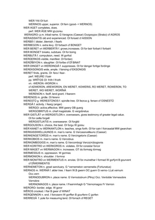 WER YAI OI fuiri
WERINOS upper, superior. OI fern (good- < WERNOS)
WER AGET completes, does.
perf. WER ÂGE MW g(u)oreu
WERAGRO- p.m. tribal name. G Veragros (Caesar) Ουαραγροι (Strabo) cf AGROS
WERAISSIATIS old and experienced. OI forsaid cf AISSON
WERBÂ f. blister, blemish. I fearb
WERBEGON n. extra levy. OI forbach cf BONGET
WER BERET vn WERBERTÂ f. grows,increases. OI for·beir forbart I forbairt
WER BONGET breaks, subdues. OI for·boing
WERBUTÂ f. compulsion, need. W gorfod
WERDERKOS visible, manifest. OI fordarc
WERDÎBIYON n. slaughter. OI fortbe cf DÎ BINAT
WER DINGET vn WERDINGIÂ f. suppresses. OI for·dengar fortige fordinge
WEREKSONGIS wide, ample. I fairsing cf EKSONGIS
WERET finds, grants. OI ·fera I fear-
perf. WEURE I fuair
pp. WRÎTOS OI ·fríth I fríoth
vn. -WERON -WORON n.
cf ADWERON, AREWORON, EN WERET, KOWERIS, RO WERET, ROWERON, TO
WERET, WO WERET, WORÎNÂ
WERENON n. feoff, land grant. I fearann
WERENOS m. girdle. OI ferenn
WERESTÛ g. WERESTÛNOS f. spindle tree. OI feorus g. fersen cf OSNESTÛ
WERGÂ f. activity. I fearg (anger)
WERGO- active,effective. MW gwery OB guerg
WERGOBRITUS m. chief magistrate. G vergobretus
WER GISTLÂT vn WERGISTLON n. overswears, gives testimony of greater legal value.
OI for·ceilla forgell
WERGISTLIATIS m. overswearer. OI forglid
WERGOUSON n. choice, the best. OI forgu W goreu
WER KANET nv WERKANTLON n. teaches, sings forth. OI for·cain I foirceadal MW gwarchan
WERKASSIWELLAUNOS m. man’s name. G Vercassivellauno (Caesar)
WERKENGETORÎGS m. man’s name. G Vercingetorix (Caesar)
WERKOBIOS m. man’s name. G Vercobius
WERKOMBOGIOS m. man’s name. G Vercombogi Verco(m)bogionis
WER KORITRO vn WERKOROS m. violates. OI for·corastar forcor
WER MAGET vn WERMAGON n. increases. OT do.formaig tórmag
WERMESSUS m. oppression. W gormes
WERMONION n. shoulder. I formna
WER MONITRO vn WERMENTUS m. envies. OI for.muinethar I formad W gorfynt B gourvent
cf DÎWERMENTIS
WERNEMETON n. great sanctuary. G *vernemeton vernemetis (Fortunatus)
WERNOS m. WERNÂ f. alder tree. I fearn W,B gwern OC guern G verno- LLat vernum
Occ.vern
WERNODUBRON n. place name. G Vernodubrum (Pliny) Occ. Verdoble Vernesobre
Vernobre
WERNOMAGOS n. place name. I Fearnmhagh G *Vernomagos Fr Vernon
WERORO- border, edge. W goror
WÊROS crooked. I fiar B gwar cf WINAT
WERQENNON n. end. I foirceann W gorffen B gourfenn C gorfen
WERREGÂ f. pole for measuring land. OI forrach cf REGET
 