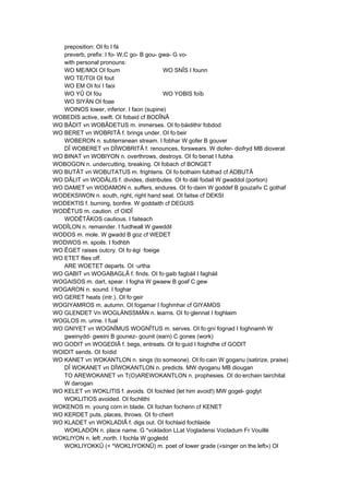 preposition: OI fo I fá
preverb, prefix: I fo- W,C go- B gou- gwa- G vo-
with personal pronouns:
WO ME/MOI OI foum WO SNÎS I founn
WO TE/TOI OI fout
WO EM OI foí I faoi
WO YÛ OI fóu WO YOBIS foïb
WO SIYÄN OI foae
WOINOS lower, inferior. I faon (supine)
WOBEDIS active, swift. OI fobaid cf BODÎNÂ
WO BÂDIT vn WOBÂDETUS m. immerses. OI fo·báidithir fobdod
WO BERET vn WOBRITÂ f. brings under. OI fo·beir
WOBERON n. subterranean stream. I fobhar W gofer B gouver
DÎ WOBERET vn DÎWOBRITÂ f. renounces, forswears. W diofer- diofryd MB dioverat
WO BINAT vn WOBIYON n. overthrows, destroys. OI fo·benat I fubha
WOBOGON n. undercutting, breaking. OI fobach cf BONGET
WO BUTÂT vn WOBUTATUS m. frightens. OI fo·bothaim fubthad cf ADBUTÂ
WO DÂLIT vn WODÂLIS f. divides, distributes. OI fo·dáli fodail W gwaddol (portion)
WO DAMET vn WODAMON n. suffers, endures. OI fo·daim W goddef B gouzañv C gothaf
WODEKSIWON n. south, right, right hand seat. OI faitse cf DEKSI
WODEKTIS f. burning, bonfire. W goddaith cf DEGUIS
WODÊTUS m. caution. cf OIDÎ
WODÊTÂKOS cautious. I faiteach
WODÎLON n. remainder. I fuidheall W gweddil
WODOS m. mole. W gwadd B goz cf WEDET
WODWOS m. spoils. I fodhbh
WO ÊGET raises outcry. OI fo·égi ·foeige
WO ETET flies off.
ARE WOETET departs. OI ·urtha
WO GABIT vn WOGABAGLÂ f. finds. OI fo·gaib fagbáil I fagháil
WOGAISOS m. dart, spear. I fogha W gwaew B goaf C gew
WOGARON n. sound. I foghar
WO GERET heats (intr.). OI fo·geir
WOGIYAMROS m. autumn. OI fogamar I foghmhar cf GIYAMOS
WO GLENDET Vn WOGLÄNSSMÄN n. learns. OI fo·glennat I foghlaim
WOGLOS m. urine. I fual
WO GNIYET vn WOGNÎMUS WOGNÎTUS m. serves. OI fo·gní fognad I foghnamh W
gweinydd- gweini B gounez- gounit (earn) C gones (work)
WO GODIT vn WOGEDIÂ f. begs, entreats. OI fo·guid I foighdhe cf GODIT
WOIDIT sends. OI foídid
WO KANET vn WOKANTLON n. sings (to someone). OI fo·cain W goganu (satirize, praise)
DÎ WOKANET vn DÎWOKANTLON n. predicts. MW dyoganu MB diougan
TO AREWOKANET vn T(O)AREWOKANTLON n. prophesies. OI do·erchain tairchital
W darogan
WO KELET vn WOKLITIS f. avoids. OI foichled (let him avoid!) MW gogel- goglyt
WOKLITIOS avoided. OI fochlithi
WOKENOS m. young corn in blade. OI fochan fochenn cf KENET
WO KERDET puts, places, throws. OI fo·cheirt
WO KLADET vn WOKLADIÂ f. digs out. OI fochlaid fochlaide
WOKLADON n. place name. G *vokladon LLat Vogladensi Vocladum Fr Vouillé
WOKLIYON n. left ,north. I fochla W gogledd
WOKLIYOKKÛ (< *WOKLIYOKNÛ) m. poet of lower grade («singer on the left») OI
 