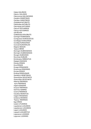 Caliaci KALIÂKOS
Caluno- KALUNOS
Calunovic(a) KALUNOWIKS
Carattinn KAIRÂTINOS
Carrttacc KARATÂKOS
(Cat)tabott KATUBUTS
Cattubuttas KATUBUTS
Catuviq(qa) KATUWIKS
Catuvvir KATUWIROS
Catvvirr KATUWIROS
celi KÊLIOS
Coillabbotas KOILOBUTS
Coimagni KOIMAGNOS
Cunagussos KUNOGUSTUS
Cunalegea KUNOLENGÂ
Cunalegi KUNOLENGÂ
Cunovali KUNOWALOS
Dego(s) DEGUIS
*Δηουα DÊWÂ
Domngen DUBNOGENOS
Domnginn DUBNOGENOS
Dovagni DUBAGNOS
Dovvinias DUBUNÂ
E(m)bicatos ÄMBIKATUS
Eqqegni EQIGNOS
Eracias ERQOS
Erca ERQOS
Ercagni ERQAGNOS
Ercaviccas ERQOWIKS
Erccias ERQOS
Ercilingi ERQOLENGÂ
Genittac(i) GENETÂKOS
Gosoct(e)as GEUSTAKTÂ
Gossucttias GEUSTAKTÂ
Hibernia ÎWERINOS
Ιερνη ÎWERINOS
inigena ENIGENÂ
Ιουερνοι ÎWERINOS
Isamnion ISAMNIS
Iuverna ÎWERINOS
Ivacattos IWOKATUS
Ivageni IWOGENOS
Ivodacca IWODEKS
*Îwerno- ÎWERINOS
liag LÎÄNKS
Litubiri LITUWIROS
Lugudec(a) LUGUDEKS
Lugudeccas LUGUDEKS
Luguni LUGUNIOS
Luguqrit LUGUQRITUS
Luguvecca LUGIWIKS
Luguvvec LUGIWIKS
 