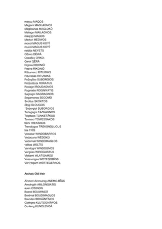 maccu MAQOS
Maglani MAGLAGNOS
Maglicunas MAGLOKÛ
Mailagni MAILAGNOS
maq(q)i MAQOS
Medvvi MEDWOS
mocoi MAGUS KOYÎ
mucoi MAGUS KOYÎ
net(t)a NEYETS
Οβοκα DÊWÂ
Ορκαδες ORKO-
Qerai QÊRÂ
Riginia RIKONIÛ
Ρικενα RIKONIÛ
Rittuvvecc RITUWIKS
Rituvecas RITUWIKS
Ροβογδιοι SUBORGIOS
Roc(a)t(o)s ROKATUS
Rodagni ROUDAGNOS
Rugniatio ROGNIYATIS
Sagragni SAGRAGNOS
Segamonas SEGOMÛ
Scottus SKOKTOS
Slogi SLOUGOS
*Soborgioi SUBORGIOS
Tazegagni TAZGAGNOS
Togittacc TONKETÂKOS
Tovisaci TOWESSÂKOS
treni TREKSNOS
Trenalugos TREKSNOLUGUS
tria TRÎS
Vedabar WINDOBARROS
Vedacuna WÊDOKÛ
Vedomali WINDOMAGLOS
velitas WELÎTS
Vendogni WINDOGNOS
Vergoso WIROGUSTUS
Vlatiami WLATISAMOS
Votecorigas WOTEQORÎGS
Vor(r)tigurn WERTEGERNOS
Archaic Old IrishArchaic Old IrishArchaic Old IrishArchaic Old Irish
Ainmori Ainmuireg ANEMO-RÎGS
Amolngith AMLONGIATIS
auen OWINON
Boend BOUWINDÂ
Boidmal BOUDIMAGLOS
Brenden BRIGÄNTÎNOS
Clothgno KLUTOGNÂWOS
Conleng KUNOLENGÂ
 