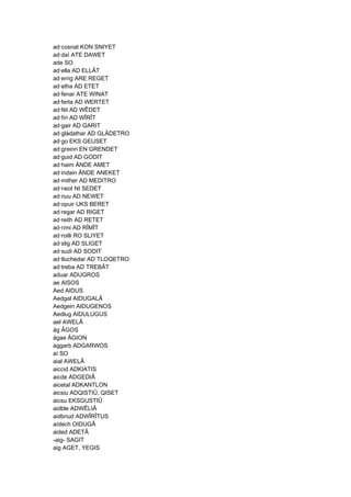 ad·cosnat KON SNIYET
ad·daí ATE DAWET
ade SO
ad·ella AD ELLÂT
ad·errig ARE REGET
ad·etha AD ETET
ad·fenar ATE WINAT
ad·ferta AD WERTET
ad·fét AD WÊDET
ad·fíri AD WÎRÎT
ad·gair AD GARIT
ad·gládathar AD GLÂDETRO
ad·go EKS GEUSET
ad·greinn EN GRENDET
ad·guid AD GODIT
ad·haim ÄNDE AMET
ad·indain ÄNDE ANEKET
ad·mither AD MEDITRO
ad·neot NI SEDET
ad·nuu AD NEWET
ad·opuir UKS BERET
ad·regar AD RIGET
ad·reith AD RETET
ad·rími AD RÎMÎT
ad·roilli RO SLIYET
ad·slig AD SLIGET
ad·sudi AD SODIT
ad·tluchedar AD TLOQETRO
ad·treba AD TREBÂT
aduar ADUGROS
ae AISOS
Aed AIDUS
Aedgal AIDUGALÂ
Aedgein AIDUGENOS
Aedlug AIDULUGUS
ael AWELÂ
ág ÂGOS
ágae ÂGION
aggarb ADGARWOS
aí SO
aial AWELÂ
aiccid ADKIATIS
aicde ADGEDIÂ
aicetal ADKANTLON
aicsiu ADQISTIÛ, QISET
aicsu EKSGUSTIÛ
aidble ADWÊLIÂ
aidbriud ADWÎRÎTUS
aídech OIDUGÂ
aided ADETÂ
-aig- SAGIT
aig AGET, YEGIS
 