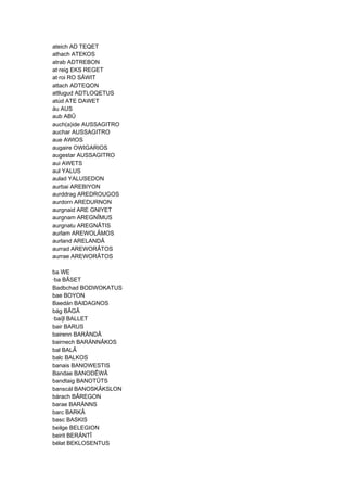 ateich AD TEQET
athach ATEKOS
atrab ADTREBON
at·reig EKS REGET
at·roi RO SÂWIT
attach ADTEQON
attlugud ADTLOQETUS
atúd ATE DAWET
áu AUS
aub ABÛ
auch(a)ide AUSSAGITRO
auchar AUSSAGITRO
aue AWIOS
augaire OWIGARIOS
augestar AUSSAGITRO
aui AWETS
aul YALUS
aulad YALUSEDON
aurbai AREBIYON
aurddrag AREDROUGOS
aurdorn AREDURNON
aurgnaid ARE GNIYET
aurgnam AREGNÎMUS
aurgnatu AREGNÂTIS
aurlam AREWOLÂMOS
aurland ARELANDÂ
aurrad AREWORÂTOS
aurrae AREWORÂTOS
ba WE
·ba BÂSET
Badbchad BODWOKATUS
bae BOYON
Baedán BAIDAGNOS
bág BÂGÂ
·bai]l BALLET
bair BARUS
bairenn BARÄNDÂ
bairnech BARÄNNÂKOS
bal BALÂ
balc BALKOS
banais BANOWESTIS
Bandae BANODÊWÂ
bandtaig BANOTÛTS
banscál BANOSKÂKSLON
bárach BÂREGON
barae BARÄNNS
barc BARKÂ
basc BASKIS
beilge BELEGION
beirit BERÄNTÎ
bélat BEKLOSENTUS
 