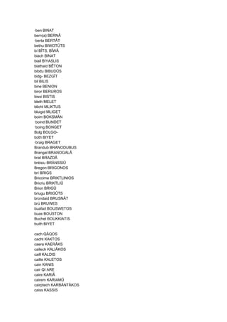 ·ben BINAT
bern(a) BERNÂ
·berta BERTÂT
bethu BIWOTÛTS
bí BÎTS, BÎWÂ
biach BINAT
biail BIYASLIS
biathaid BÊTON
bibdu BIBUDÛS
bidg- BEZGÎT
bil BILIS
bine BENION
biror BERUROS
bissi BISTIS
bleth MELET
blicht MLIKTUS
bluigid MLIGET
boim BOKSMÄN
·boind BUNDET
·boing BONGET
Bolg BOLGO-
both BIYET
·braig BRAGET
Brandub BRANODUBUS
Brangal BRANOGALÂ
brat BRAZDÂ
bréisiu BRÄNSSIÛ
Bregon BRIGONOS
brí BRIGS
Briccirne BRIKTLINIOS
Bricriu BRIKTLIÛ
Brion BRIGÛ
briugu BRIGÛTS
brondaid BRUSNÂT
brú BRUWES
buafad BOUSWETOS
buas BOUSTON
Buchet BOUKKIATIS
buith BIYET
cach QÂQOS
cacht KAKTOS
caera KAERÂKS
cailech KALIÂKOS
caill KALDIS
cailte KALETOS
cain KANIS
cair QI ARE
caire KARIÂ
cairem KARIAMÛ
cairptech KARBÄNTÂKOS
caiss KASSIS
 