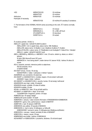 +ED MÂRATOS ED OI mórthae
MÂRATÎ ED OI mórthai
Attributive MÂRATIOS OI mórthae
Participle of necessity
MÂRATEYOS OI mórthai W caradwy G aniateios
7. The formation of the VERBAL NOUN varies according to the verb. Â Î I stems normally
have
MÂRATUS m. OI mórad
MÂRAMUS m. W -o MB -aff N-añ
STLONDÎTUS m. OI sluindiud
SODETUS m. OI sodad
Â vocative particle. I,W,B,C a
ABALLÂ f. apple tree. I abhall W afall B avalenn
ABALLAWÂ f. rich in apple trees, place name. OBr Aballava
ABALLON- place name. G Aballon- LLat. Aballone Avallone Fr Avallon
ABALLOYALON n. place name. G *Aballoialon LLat Avalogile Fr Valeuil Occ. Valuèjol
ABALU n. apple. I abhall W afal B,C aval
ABÛ a. ABONÄN g. ABENS p.n. ABENES f. river. OI aub a. abainn g. abae p.a. aibne I
abhann
W afon OBr Abona B aven OC auon
ABÄNKOS m. river being dwarf I, water demon W, beaver W,B). I abhac W afanc B
avank
AD to, towards; preverb; intensive prefix to adjectives.
AD DU towards. W at
cf ADKÂ ADQE
AD AGET drives, moves. OI ad·aig
ADAKSTRON n. halter. I adhastar (< British *adastr)
ADAMRIOS very wonderful. OI adamrae
AD ANDÂT vn ADANDATUS m. kindles, begins. OI ad·andad I adhnadh
ADANDÂ f. taper, tinder. I adhann
AD ANEKET vn ADANEKTLON n. escorts, buries. OI ad·anaig I adhnacal
ADARDWOS very high, noble. OI adardd
ADASSOS proper, suitable. OI adas W addas
ADAWOS suitable. OI ada
AD BA- vn ADBATIÛ f. dies. OI pp at·bath apt(h)u
AD BINAT vn ADBIYON n. slays. OI at·mbia
T(O)ADBIYON n fragment, portion. OI taipe
ADBEGIS ripe. OI apaig I aibigh
ADBEGLOS quick,sudden. OI aipél
ADBERON n. estuary. I abar (marsh) W,B aber cf ÄNDEBERON KOMBERON
ADBERTÂ f. game, trick, performance. I abairt cf BERTÂT
ADBÊTON n. bait. W abwyd cf BÊTON
ADBODIOS very yellow. OI apuide cf BODIOS
ADBOGIOS m. man's name. G Adbogius, g. Adbucilli
ADBOGIONÂ f. woman's name. G Adbugiounae Αδοβογιωνη(Strabo)
ADBOGON n. carcass. I abach (entrails) W abo cf BONGET
ADBOYON n. reason, cause. OI apa
ADBRESKIS very brittle. I aibrisc cf BRESKUS
AD BUNDET vn ADBOUDON n. proclaims, declares. OI at·boind apad
 