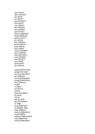 ·glen GLINAT
·glinn GLENDET
gné GNIYÂ
·gní GNIYET
gnia GNIYENTS
gniid GNIYET
·gnin GNINUT
gnó GNÂWOS
gnoe GNÂWIÂ
·goa GEUSET
Goibniu GOBÄNNÛ
Goídel WÊDELOS
goithimm GOTIT
gor GOROS
gorn GORNOS
gortae GORTIS
graig GREGIS
grech GRIKÂ
·greinn GRENDET
grenn GRENNÂ
griän GRIYANON
gruac GRONKÂ
guas GEUSTÂ
·guin GONIT
guirid GORIT
gus GUSTUS
iardaige ÊRANTIGION
iarfaigid WO SAGIT
iarmi·foich WO SAGIT
iärn ISARNON
iarmua ÊRAMAWIOS
iartaige ÊRANTIGION
iarum ÊRAM YÛ
·ib IBET
·ic ÄNKET
icht YEKTIS
id EDIS
idbart UKS BERET
idu EDÛS
il ELUS
ilach ELUKOS
ilad YALUSEDON
im- ÄMBI
im·aig ÄMBI AGET
imb ÄMBÄN, ÄMBI
imbliu ÄMBELIÛ
Imbliuch ÄMBILOKUS
imbath EMBÎTS
imblissen ÄMBILÄNSSIÛ
imbe ÄMBIWIYON
imb·beir EMBI BERET
 