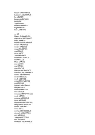 lubgort LUBIGORTOS
Luccraid LUGUQRITUS
lue LOWION
Lugach LUGUWIKS
luid LUDE
·luigim LOGIT
lumman LOMBÎNÂ
lurga LORGIÛ
lúud LUWETON
-m ME
Macan Óc MAQONOS
maccdacht MAQODAKTÎ
macc MAKKOS
macrall MAGUGRÂSSLÂ
madae MADAWOS
madan MAZDIOS
magar MAGEROS
mael MAILA
midid MADIT
·mairn MARNET
máithre MÂTRIWIOS
mál MAGLOS
Mana MANAWÎ
máo MÂYÛS
már MÂROS
math MATUS
Mathgen MATUGENOS
mathmarc MATUMARKOS
máthra MÂTROWIOS
medam MEDAMÛ
medb MEDWOS
mélae MI(S)KLEWOS
meld MELDÂ
meldach MELDÂKOS
melg MELGOS
mellbretha MELDÂ
mén MÎKNON
menadach MINOYUTÂKÂ
menb MENUS
menmae MENMENS
menn MENDOS
mennat MÄNDOSENTUS
Mergus MIROGUSTUS
mertan MERTENÂ
mess MISTÂ
methas MEDOSESSUS
micha(i)r MISUKAROS
mid- MEIDIOS
·midethar MEDITRO
mifir MISWIRIS
milchobor MELIKUBROS
 