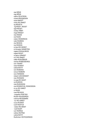 riad RÊDÂ
riag RÊGÂ
riathor RIYATRON
ríched RÎGOSEDON
richis RIKISTÎ
ríchtu RO ÄNKET
rig REGETS
·rig RIGET, REGET
rigid REGET
rímther RÎMÎT
ringid RINGET
rissi RISSIS
rod RUDS
roderc RODERKOS
rodb ROZBOS
róe REWOS
roe ROISOS
ro·fera RO WERET
ro·finnadar WINDETRO
roglach ROGALÂKOS
rogaid ROGIT
ro·geinn GÄNDET
ro·ic RO ÄNKET
roilbe ROSLÊBESÂ
roimse ROMESSEWES
roín- ROINÎT
roise RUNDET
roithid ROTIT
rom ROMOKS
romuir ROMORI
ronn RONDON
robach UKS BONGET
rosc ROSQON
ro·saig RO SAGIT
rot RUZDOS
rota RUDODION
rout ROSENTUS, ROWOZDON
ro·uic RO UNKET
rú RUDS
ruad REUDOS
·ruagathar ÂGETRO
Ruaidri ROUDORÎGS
ruamna REUDSMÄN
·ruc RO UNKET
rucce RUDKIÂ
rucht RUKTUS
·ruiben RO BINAT
·ruidi RUDÎT
ruiri RORÎGS
ruithen ROTÎNÂ
ruithid ROTIT
Ruithchern ROTEGERNOS
 