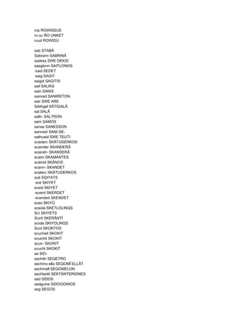 rús ROWISSUS
ru·uc RO UNKET
ruud ROWIDU
sab STABÂ
Sabrann SABRINÂ
sadess SWE DEKSI
saeglonn SAITLONOS
·said SEDET
·saig SAGIT
saigid SAGITIS
sail SALIKS
sain SANIS
sainred SANIRETON
sair SWE ARE
Sáithgel SÂTIGALÂ
sal SALÂ
saltr- SALTRON
sam SAMOS
sanas SANESSON
sannaid SANI DE-
sathuaid SWE TEUTI
scadarc SKÂTUDERKOS
scainder SKANDERÂ
scaindr- SKANDERÂ
scaim SKAMÄNTES
scáinid SKÂNOS
scann- SKANDET
scaterc SKÂTUDERKOS
scé SQIYATS
·scé SKIYET
sceid SKIYET
·sceird SKERDET
·scended SKENDET
sceo SKIYÛ
sceola SKETLOLINQS
Scí SKIYETS
Scirit SKERÄNTÎ
sciula SKIYOLINQS
Scot SKOKTOS
scuchait SKOKIT
scuichit SKOKIT
scuir- SKORIT
scucht SKOKIT
se SIO-
sechitir SEQETRO
sechmo·ella SEQOMÎ ELLÂT
sechmall SEQOMELON
sechtarét SEKTÄNTERIONES
sed SIDOS
sedguine SIDOGONIOS
seg SEGOS
 