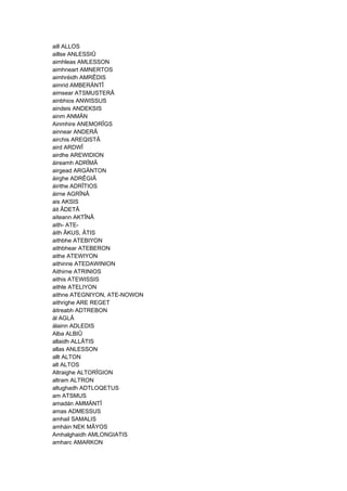 aill ALLOS
aillse ANLESSIÛ
aimhleas AMLESSON
aimhneart AMNERTOS
aimhréidh AMRÊDIS
aimrid AMBERÄNTÎ
aimsear ATSMUSTERÂ
ainbhios ANWISSUS
aindeis ANDEKSIS
ainm ANMÄN
Ainmhire ANEMORÎGS
ainnear ANDERÂ
airchis AREQISTÂ
aird ARDWÎ
airdhe AREWIDION
áireamh ADRÎMÂ
airgead ARGÄNTON
áirghe ADRÊGIÂ
áirithe ADRÎTIOS
áirne AGRÎNÂ
ais AKSIS
áit ÂDETÂ
aiteann AKTÎNÂ
aith- ATE-
áith ÂKUS, ÂTIS
aithbhe ATEBIYON
aithbhear ATEBERON
aithe ATEWIYON
aithinne ATEDAWINION
Aithirne ATRINIOS
aithis ATEWISSIS
aithle ATELIYON
aithne ATEGNIYON, ATE-NOWON
aithrighe ARE REGET
áitreabh ADTREBON
ál AGLÂ
álainn ADLEDIS
Alba ALBIÛ
allaidh ALLÂTIS
allas ANLESSON
allt ALTON
alt ALTOS
Altraighe ALTORÎGION
altram ALTRON
altughadh ADTLOQETUS
am ATSMUS
amadán AMMÄNTÎ
amas ADMESSUS
amhail SAMALIS
amháin NEK MÂYOS
Amhalghaidh AMLONGIATIS
amharc AMARKON
 